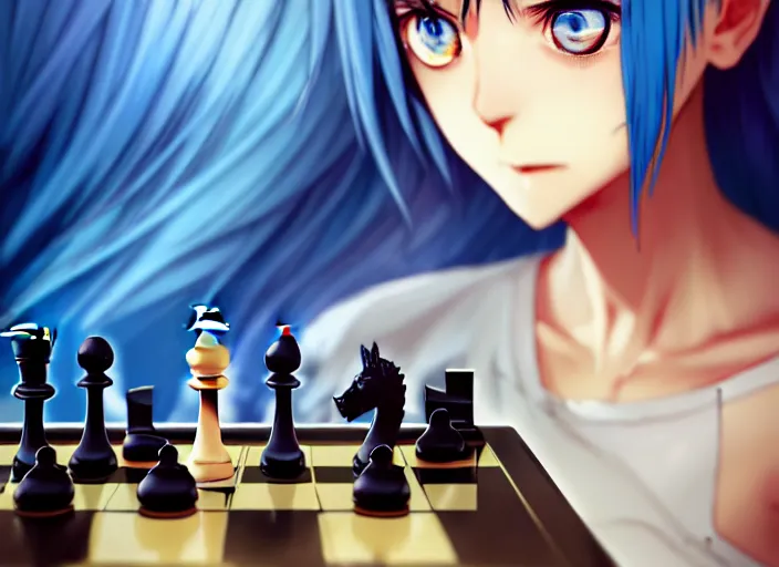 Image similar to rimuru playing chess, with amber eyes of gold color, straight hair, sky blue hair, long bangs, high collar, concept art, award winning photography, digital painting, cinematic, by wlop, anime key visual, wlop, 8 k, by ross tran, tom bagshaw, andy warhol