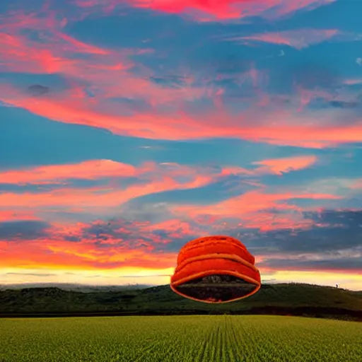 Prompt: rolling fields of tacos with a giant taco floating overhead, vivid dusk sky