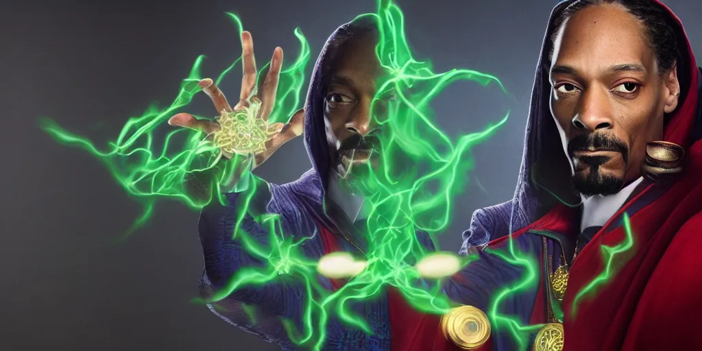 Image similar to snoop dogg as the doctor strange, marijuana leaves, green light, highly detailed, marvel cinematic universe, mcu, photo