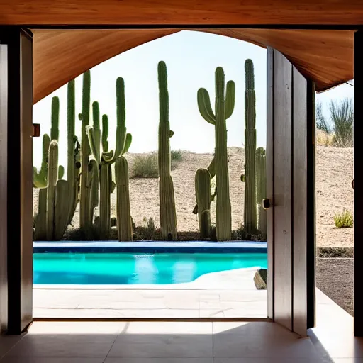 Image similar to modern desert pavilion interior looking out of large pivoting doors into expansive pool and vista with cacti