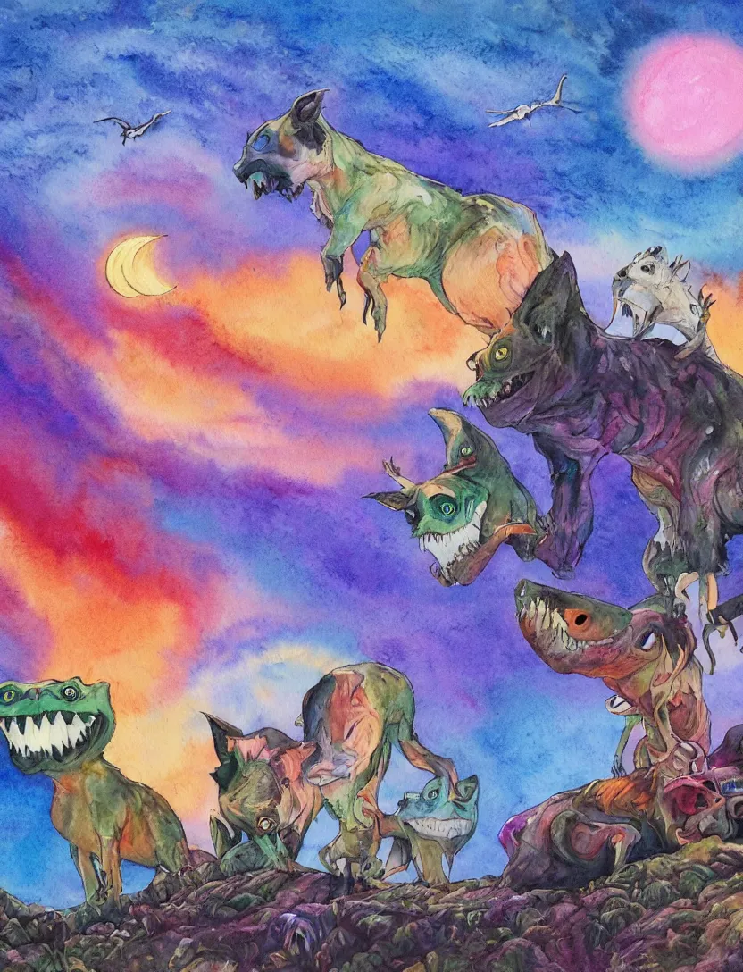 Prompt: bright dramatic lighting colorful watercolor painting titled'mama here comes midnightwith the dead moon in its jaws ', magical realism folk art cute, portrait of hybrid animal protagonist in a rural area, highly detailed, painted by pixar and studio ghibli, shocking detail trending on artstation 8 k