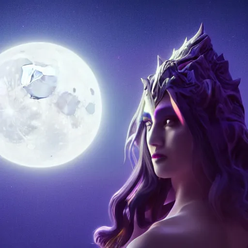 Image similar to portrait of moon witch, beautiful, attractive, glowing, jaw dropping, magical, dynamic lighting, dark, menacing, 4 k octane render, age 2 0, background moon