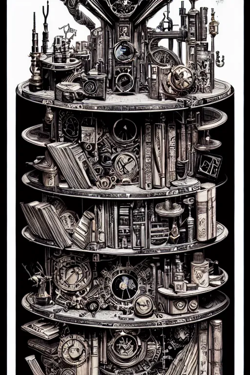 Image similar to a majestic steampunk alchemists bookshelf, two point perspective, furniture, high details, bold line art, by vincent di fate and joe fenton, inking, etching, screen print, masterpiece, trending on artstation, sharp, high contrast, hyper - detailed,, hd, 4 k, 8 k