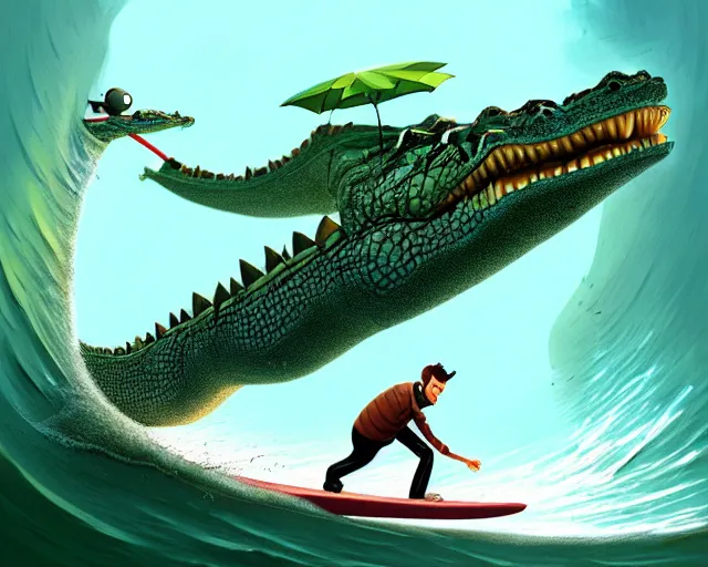 Image similar to a crocodile surfing on a longboard, tube wave, funny cartoonish, by gediminas pranckevicius h 7 0 4 and greg rutkowski, humanoid crocodile, 8 k cartoon illustration, impressive perspective, trending on artstation