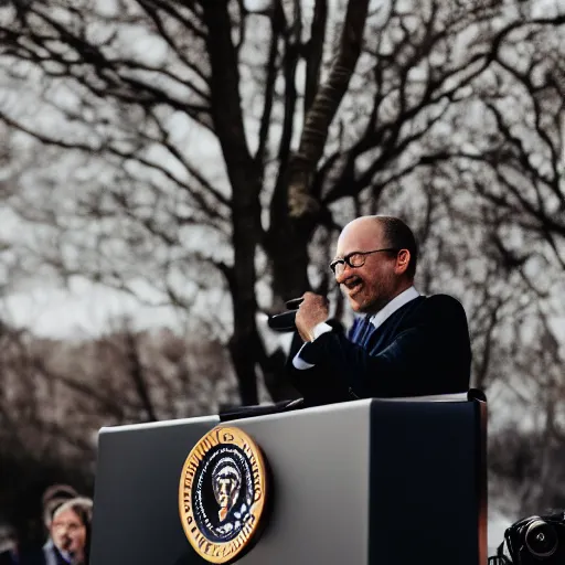 Image similar to a fox animal dressed in a suit giving a presidential speech, 8 5 mm f / 1. 4