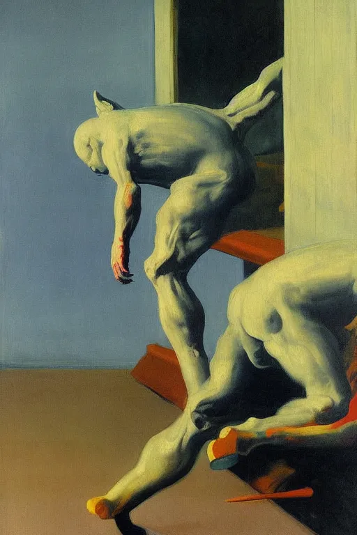 Image similar to astronaut on all fours on his back carries his son a foal, hauntingly surreal, highly detailed painting by francis bacon, edward hopper, adrian ghenie, gerhard richter, and james jean soft light 4 k,