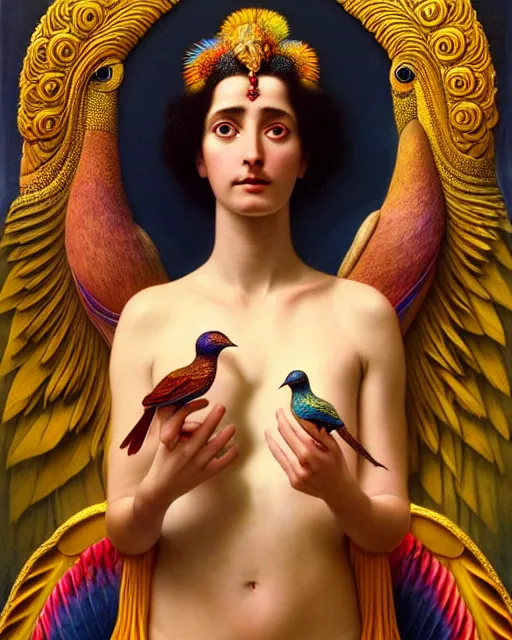 Prompt: portrait of the beautiful young goddess of birds, unusual beauty, etheric, outworldly colours, emotionally evoking symbolic metaphors, head in focus, fantasy, ornamental, intricate, elegant, highly detailed painting style photo, artstation, concept art, painterly, golden ratio, sharp focus, illustration, art by john william godward and leonora carrington and alphonse mucha,