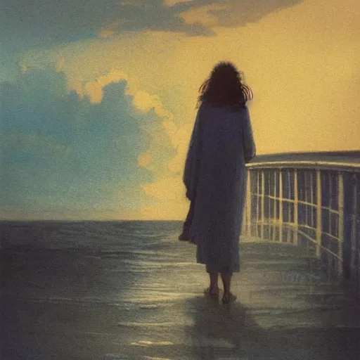 Prompt: atmospheric dreamscape painting of a woman on a pier on a stormy day, gazing out over the tormented waters by moebius and john harris, atmospheric blues, concept art, saturation 40