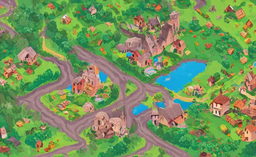 Prompt: a small village in a valley, villagers busy farming, a dragon approaching from a distance, storybook, gouache, flat, concept art, pixel art