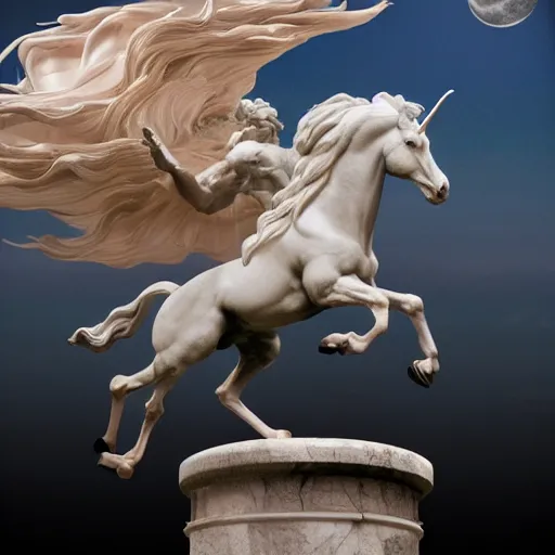 Image similar to galloping muscular winged unicorn, marble statue,bernini masterpiece, photorealistic, high resolution, award winning, trending on artstation, moon, highly detailed, night, volumetric lighting