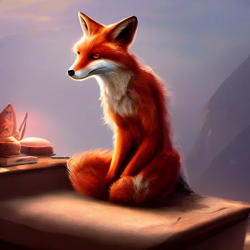 Image similar to an anthropomorphic fox wearing a t-shirt and leans, sitting on a couch, 8k resolution matte fantasy painting, cinematic lighting, DeviantArt, Artstation