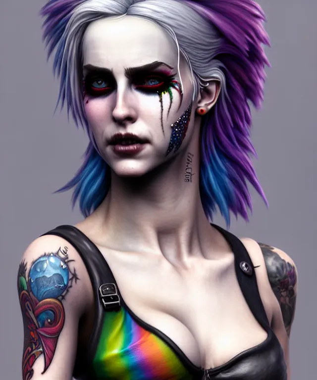 Prompt: ciri dressed as a punk, side buzzed, rainbow hair, tattoos, face piercings, beautiful, highly detailed face, true anatomy!, extremely detailed!, digital painting, unreal engine 5, art by tom bagshaw