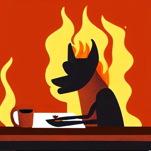 Prompt: an orange humanlike dog in his house, sitting at his table, a coffee on the table, surrounded by flames and fire, smoke above him