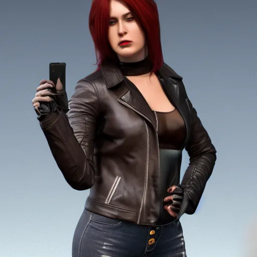 Image similar to a woman in a leather jacket posing for a picture, concept art by senior character artist, cgsociety, shock art, androgynous, daz3d, full body