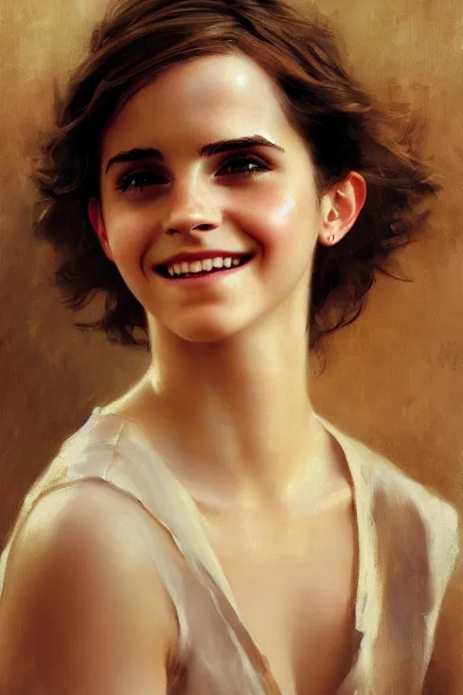 Image similar to emma watson smiling gathered faille v - neck detailed portrait painting by gaston bussiere craig mullins j. c. leyendecker photograph photorealsitic octane render