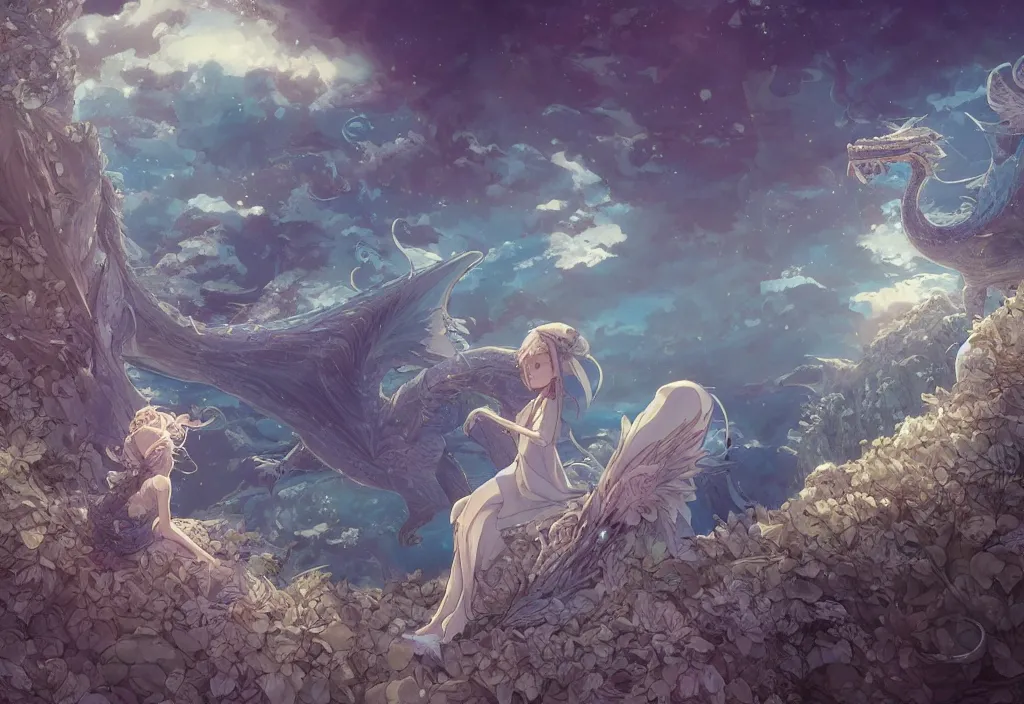 Image similar to the beautiful hyper detailed scene render that a lonely single beautiful girl lies in the arms of a huge silver dragon alone in the fairyland surrounded by white clouds, in the style of makoto shinkai victo ngai and peter mohrbacher studio ghibli artgerm karol bak beeple, animation style, 8 k hd, dream, ultra wide angle, animation style