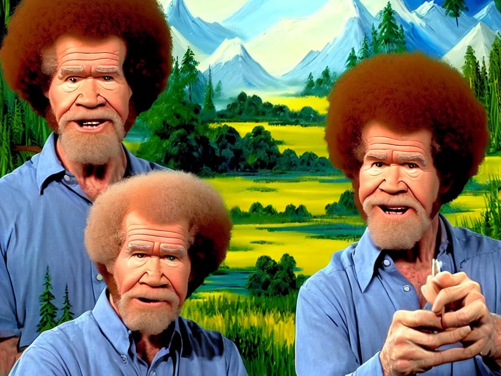 Image similar to old!!!! bob ross is sad and angry and yelling!!! at a huge painting of nature by bob ross