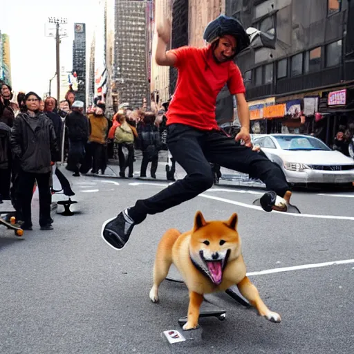 Image similar to a happy shiba inu performs a perfect kick flip on his skateboard in new york city whilst a crowd watches, beautiful photograph