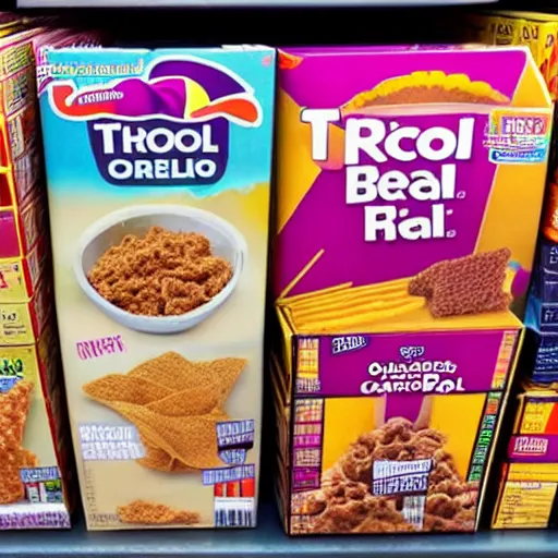 Image similar to a box of taco bell cereal on a grocery store shelf, photo