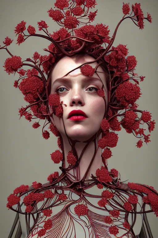 Image similar to complex 3 d render, hyper detailed ultrasharp beautiful biomechanical mandelbrot fractal filigree mesh wire female cyborg portrait with a porcelain profile face, elegant crown with big hydrangea foliage leaves stems roots, red lips, alexander mcqueen haute couture, art nouveau fashion, octane render, 8 k