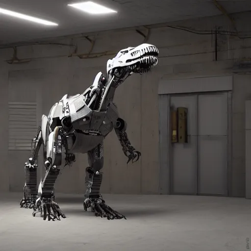 Image similar to a robot t-rex in a garage, octane render, 3D, 8k, Extremely detailed, accurate