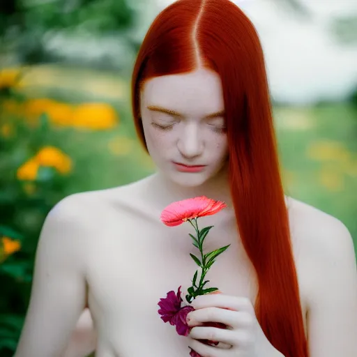 Image similar to Portrait of a young redhead lady with a flower, Canon EOS R3, f/1.4, ISO 200, 1/160s, 8K, RAW, unedited, symmetrical balance, in-frame