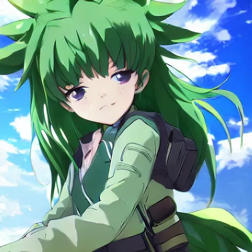 Image similar to anime key visual of a girl with a green outfit green hair and green eyes fascinated by a green paradise ; official media ; 4 k hd ; high quality ; in the rising of the shield hero ( 2 0 1 9 ), apex legends,