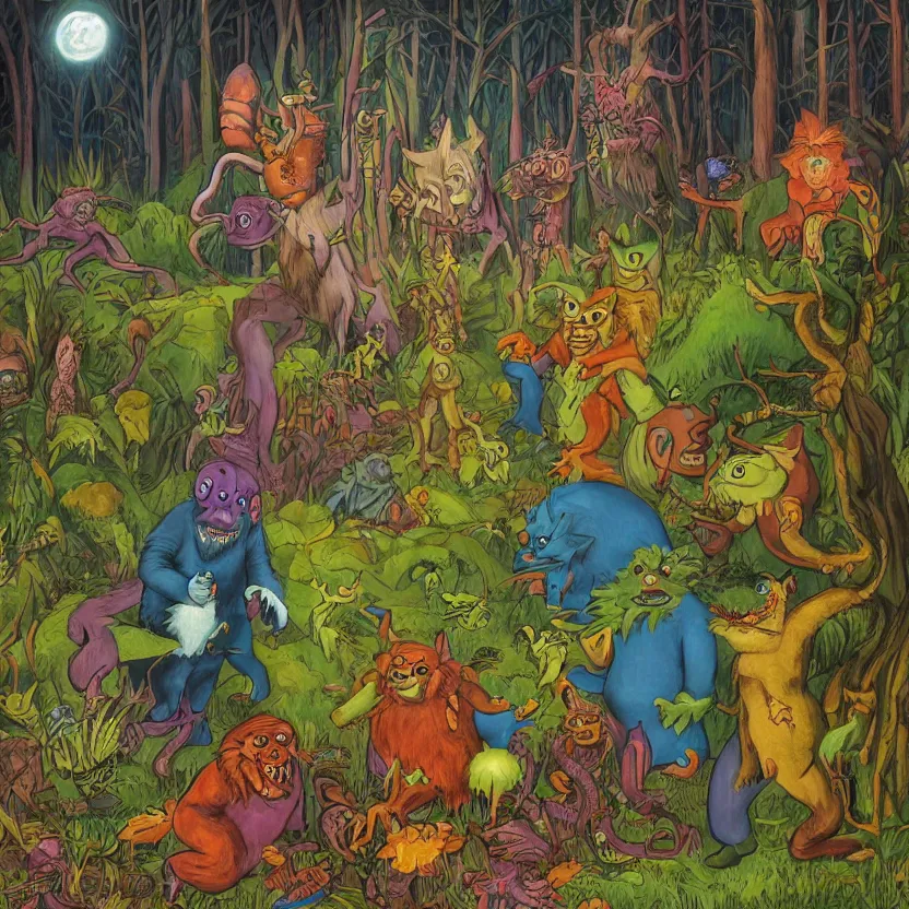 Prompt: a scene of 3 colorful cartoon monsters in the clearing of a dark fantasy forest surrounded by darkness. hyperrealist illustration. muted colors. 1 9 7 0's pulp science fiction and fantasy cartoon for alice in wonderland and wizard of oz. highly detailed and richly colored painting by don ivan punchatz