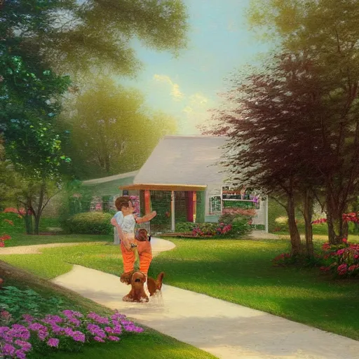 Prompt: painting of a young, orange hair mom, cool, hipster dad, brown curly headed baby and brown poodle in front of a white single story 1 9 5 0's farm house, in the style of thomas kinkade, oil painting