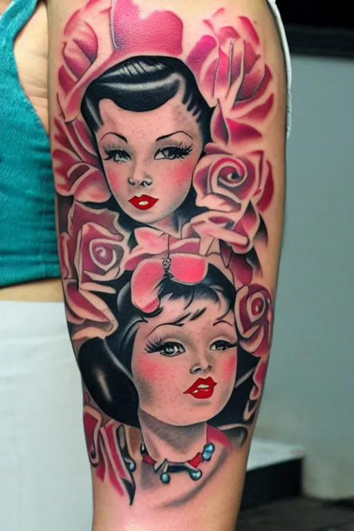 Prompt: traditional American tattoo of a pinup doll