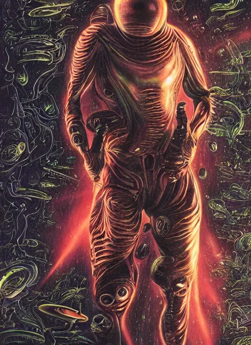 Image similar to alien astronaut in dark void underwater - complex and hyperdetailed technical suit design. reflection and dispersion materials. rays and dispersion of light. volumetric light. f / 3 2. noise film photo. flash photography. ultra realistic, 5 0 mm. poster by wayne barlowe, hajime sorayama aaron horkey, craig mullins