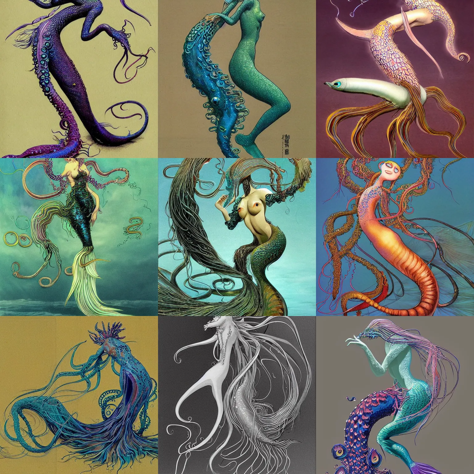 Prompt: concept designs for an ethereal peacock eel mermaid hybrid with a squid like parasite attached to its head and long tentacles for arms that flow gracefully at its sides, art by yuji ikehata and satoshi kon and miyazaki, realism, proper human male proportions, fully clothed