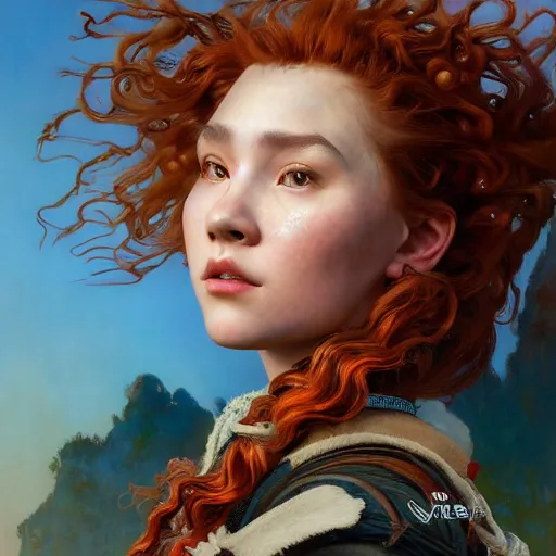 Image similar to Masterpiece head and shoulders Portrait of Aloy from Horizon Zero Dawn with red curly hair drawn by Tom Bagshaw and Donato Giancola, face by Artgerm, overall design by Alphonse Mucha, background by James Jean and Gustav Klimt, light by Julie Bell, 4k, porcelain skin, komorebi, french nouveau, trending on artstation, octane render, hyperrealistic