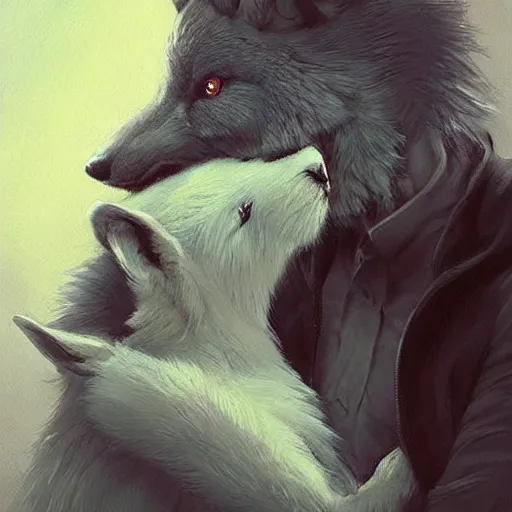 Image similar to A beautiful painting of an anthropomorphic wolf and rabbit hugging, artstation trending, greg rutkowski