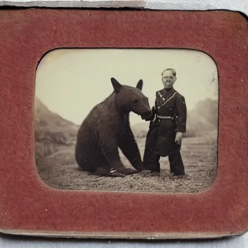 Prompt: tintype photo of a shark and a bear