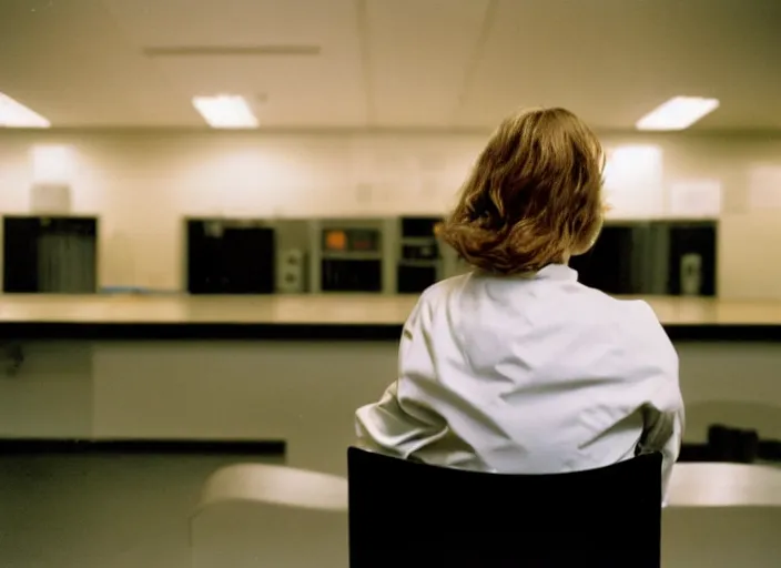 Image similar to a 3 5 mm photo from the back of a woman wearing a white lab coat sitting at a bench in a laboratory, bokeh, canon 5 0 mm, cinematic lighting, dramatic, film, photography, golden hour, depth of field, award - winning, 3 5 mm film grain, retro, film, kodachrome, closeup