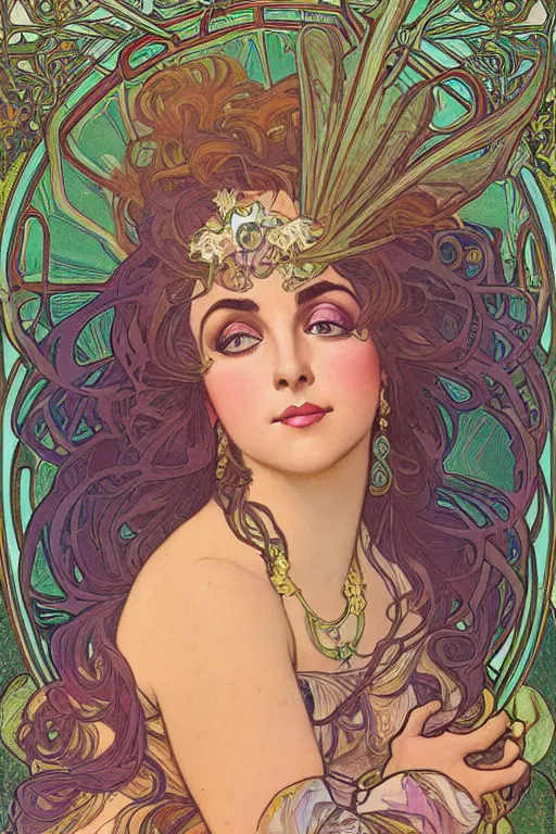 Image similar to realistic detailed face portrait of Mermaid Elizabeth Taylor, by Alphonse Mucha, and Lisa Frank, Art Nouveau, Neo-Gothic, gothic, rich deep colors