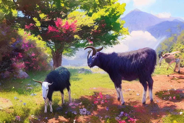 Image similar to goat surrounded by rainbows with his goat friend, marijuana trees, sakura trees, sakura season dynamic lighting, landscape, artwork by jeremy lipkin and giuseppe dangelico pino and michael garmash and rob rey and greg manchess and huang guangjian and makoto shinkai, pixiv, 1 0 0 mm