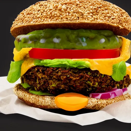 Image similar to vegan hamburger guacamole and crispy fried onion and fried egg toppings, crispy buns, 8 k resolution, studio lighting, sharp focus, hyper - detailed
