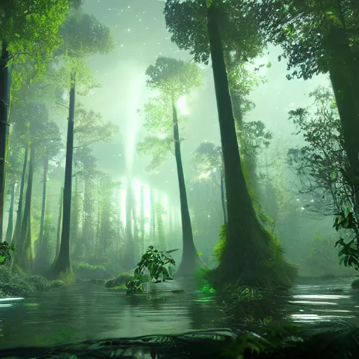 Image similar to an holographic forest floating in space, cinematic, beautiful, unreal engine 5, movie still