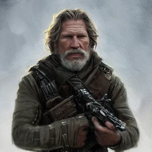 Image similar to portrait of a man by greg rutkowski, he looks like jeff bridges, wearing the military fatigues of the corellian confederation, star wars expanded universe, he is about 5 0 years old, highly detailed portrait, digital painting, artstation, concept art, smooth, sharp foccus ilustration, artstation hq