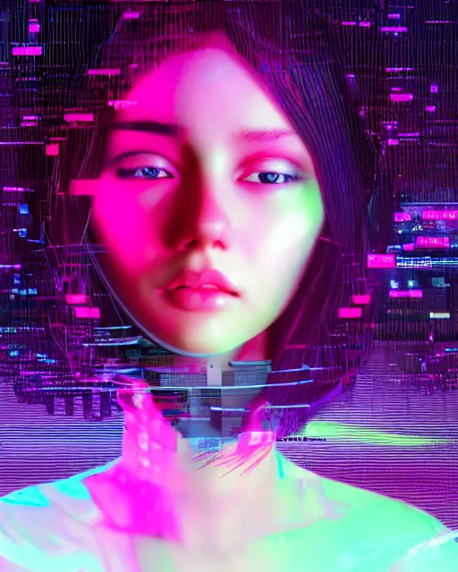 Prompt: A broken monitor with a calm AI girl's face on it. Very strong glitches on the monitor. Extremely high detail, glitchcore, glitches, glitch, synthwave, cyberpunk, vaporwave, 8k