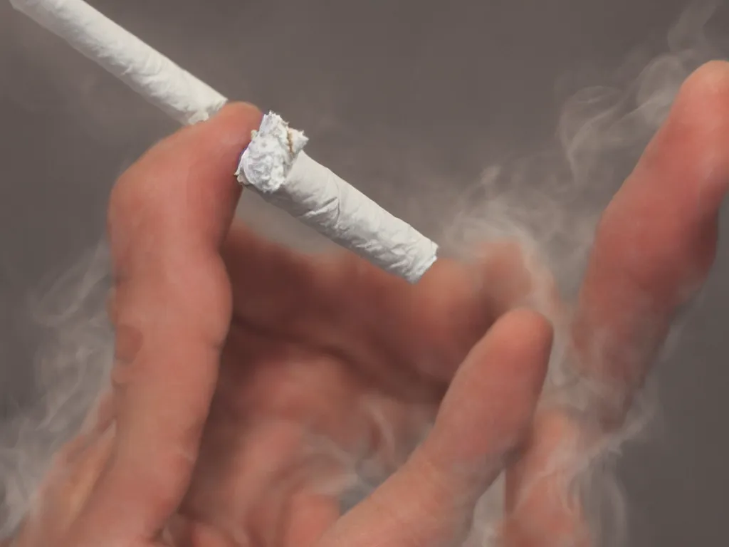 Image similar to Close-up view of hyperrealistic thin soft hand holding cigarette with smoke, by Bernardo Ramonfaur, hyper realism, 4K