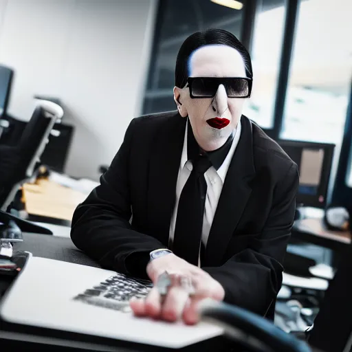Image similar to Marilyn Manson, wearing office attire, working in a call center, portrait photography, bokeh, depth of field, 4k