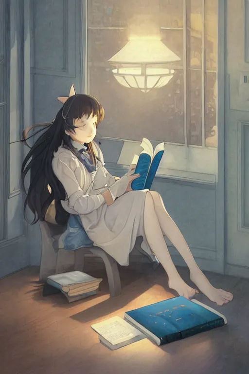 Image similar to a digital painting of a girl reading a book with a cat in A comfortable study room at night,blue and grey theme,JK uniform ,Hairdryer,blue theme,S line, by krenz cushart and mucha and range murata and greg rutkowski