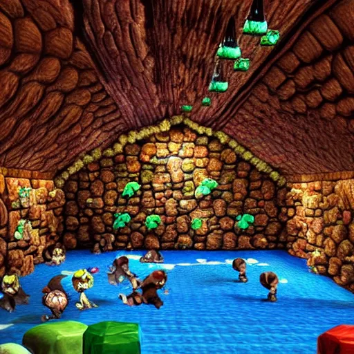 Prompt: Donkey Kong in a beautiful cave, with crystals on the walls.