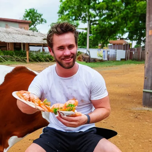 Image similar to an attractive man with brown hair eating shrimp while riding a cow