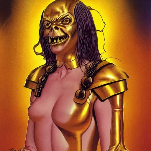 Prompt: portrait of ethereal young goblin princess in golden armour by Richard Corben