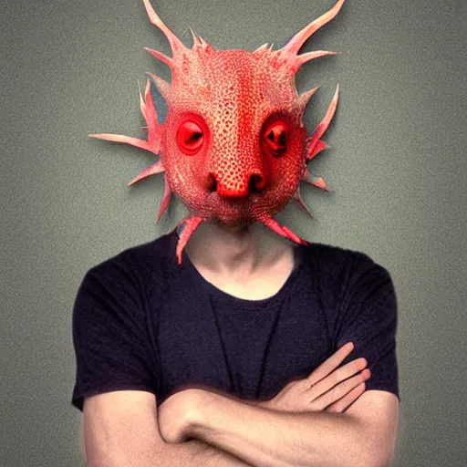 Image similar to man wearing axolotl mask. digital art by derek riggs.