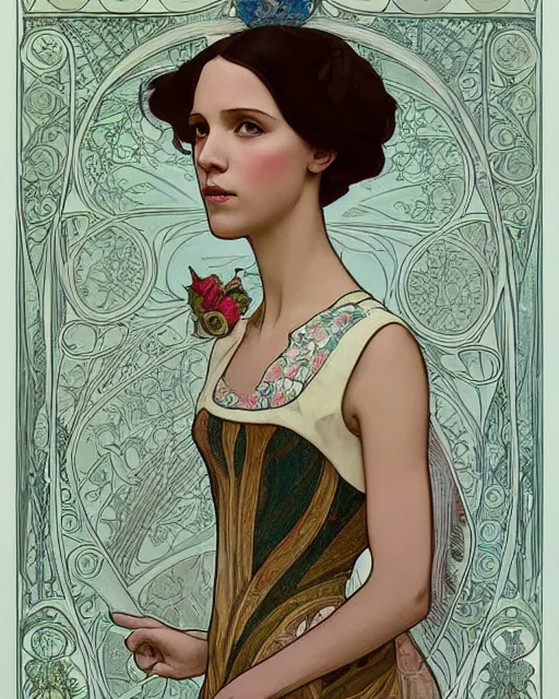 Image similar to an art nouveau painting of a girl resembling alicia vikander or millie bobby brown in a wedding dress, highly detailed, intricate, artstation, by alphonse mucha